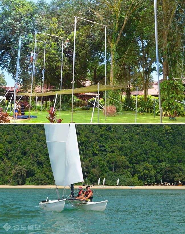 ▲출처=클럽메드 홈페이지 제공./공중그네(위쪽)와 세일링 체험.