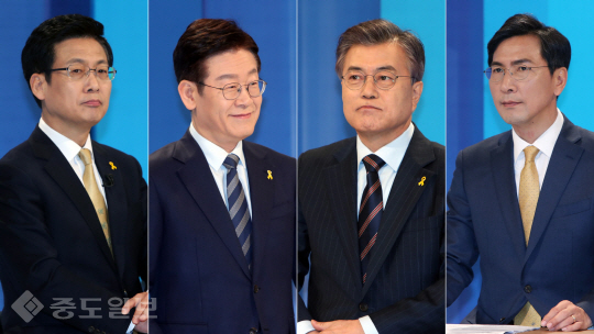 ▲ 입꼬리에 힘을 주어 입을 다물고 있는 대선 후보들. 더불어민주당 최성·이재명·문재인·안희정(왼쪽부터) 후보.사진=연합DB