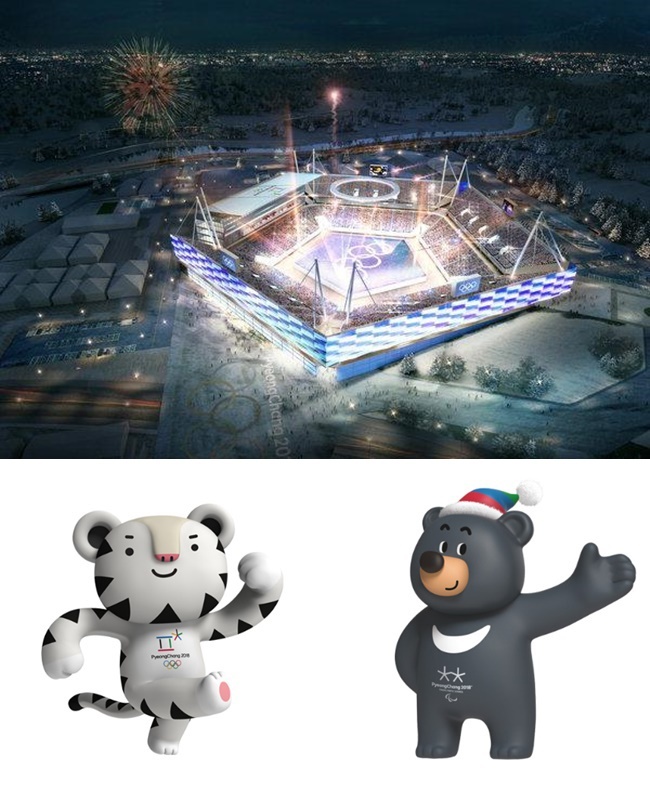 ▲ 평창올림픽 스타디움 조감도와 마스코트 수호<왼쪽>와 반다비.