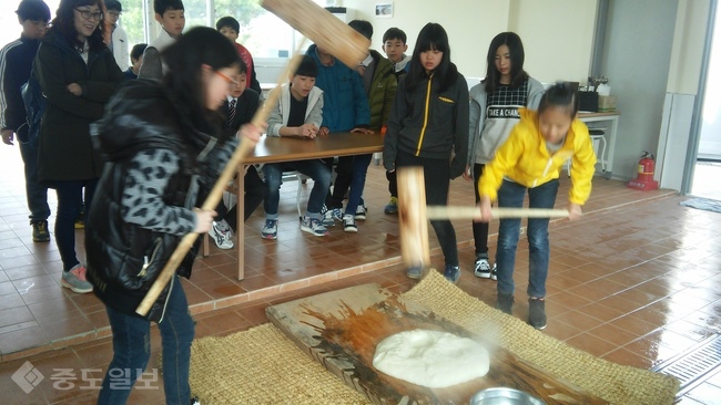 ▲ 주말농장에서는 떡메치기 체험도 할 수 있다./홍성군 제공.