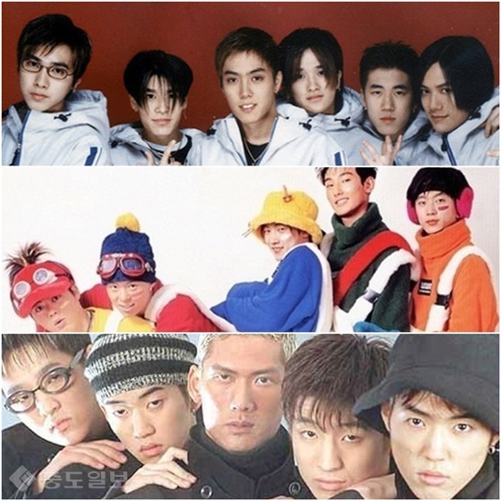 ▲ 위쪽부터 1990년대 대표한 그룹 젝스키스, H.O.T, god.