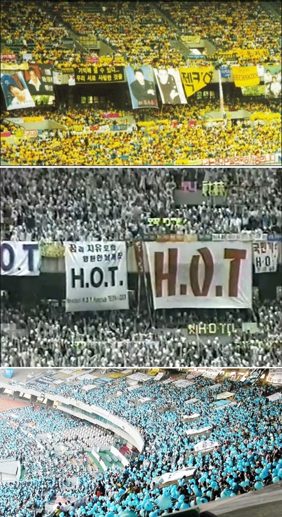 ▲ 위쪽부터 젝스키스의 노란풍선, H.O.T의 하얀풍선, god의 파란색 물결까지 체육관을 물들였다.