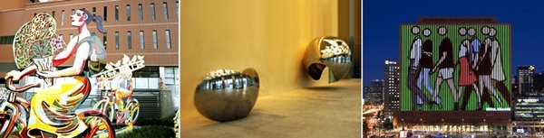 ▲출처=서울스퀘어 공식홈페이지/ 왼쪽부터 서울스퀘어에
<br />설치된 데이비드 걸스타인, 론 아드, 줄리안 오피의 작품들.