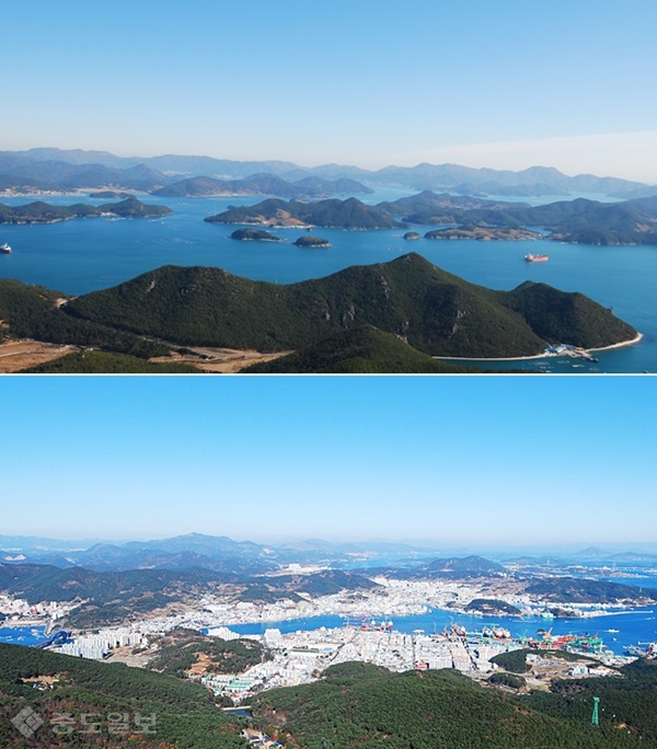 ▲출처=통영케이블카 공식홈페이지/통영 케이블카를 타고 올라가는 동안에만 감상할 수 있는 10경관은 방문객들의 셔터에 절로 손이 가게 한다. 사진은 케이블카서 볼 수 있는 한려수도와 통영시 전경.