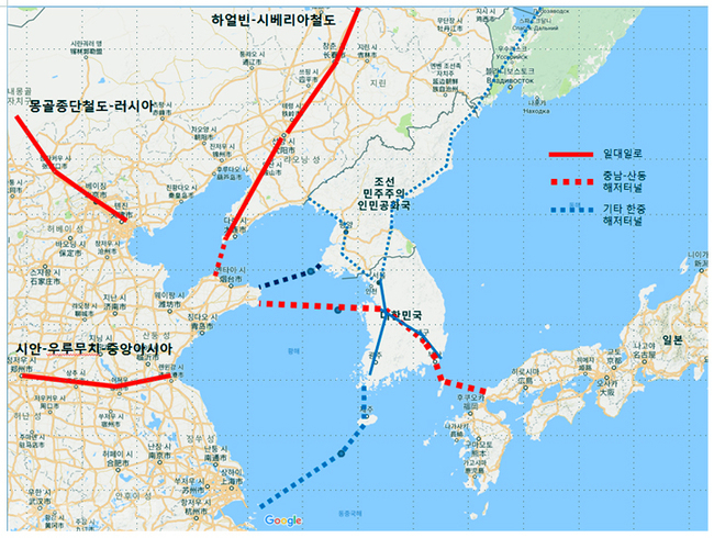 ▲ 한-중-일 해저터날 구상도. 충남도는 태안을 기점으로 격렬비열도를 거쳐 중국 산둥성 롱성까지 320km구간을 철도로 연결하는 해저터널을 미래전략과제로 제시했다.<사진 충남도제공>