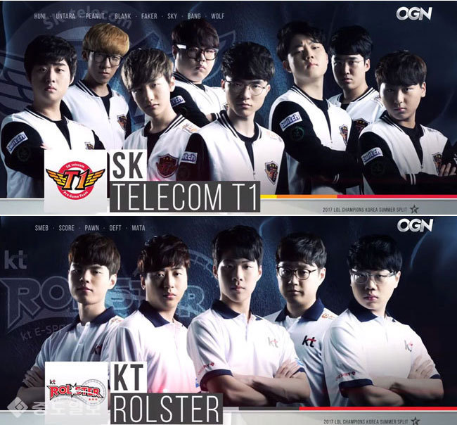 ▲ 통신사 맞대결로 기대를 모은 SKT T1(위), KT 롤스터(아래) /사진=OGN 방송 캡쳐