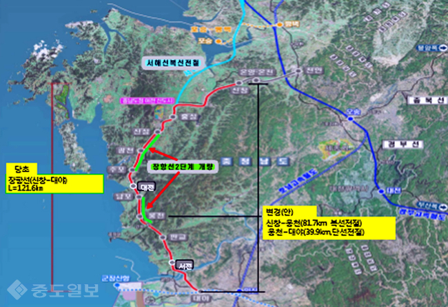 ▲ 장항선 복선전철 노선계획도. 당초안은 예비타당성 승인과정에서 변경안으로 바뀔 전망이다. <충남도제공>