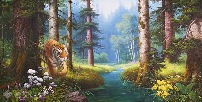 ▲ 북한 화가 리춘식 백호미술창작사 단장의 '숲속의 호랑이' 중 일부 ▲ 북한 화가 리춘식 백호미술창작사 단장의 '숲속의 호랑이' 중 일부