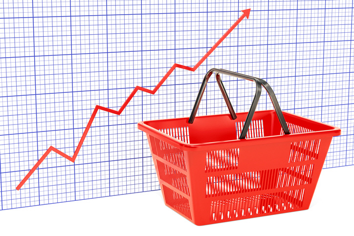 Shopping basket with growing chart, 3D rendering