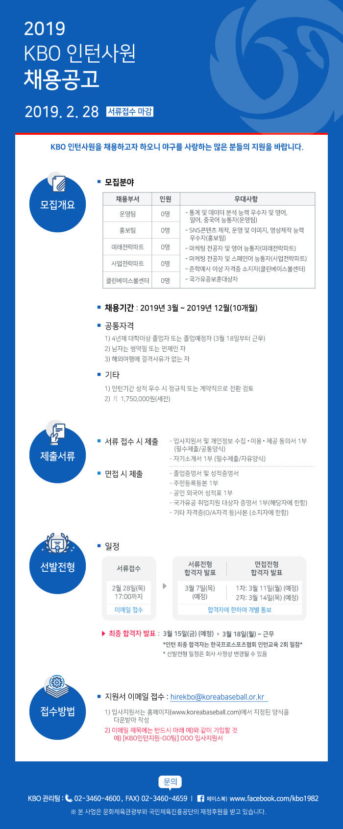 2019 KBO 인턴사원 채용 공고문