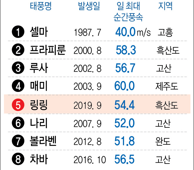 역대주요태풍과링링예상경로