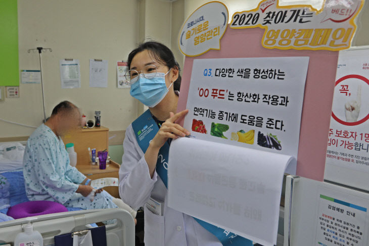영양사가 입원환자들과 OX퀴즈를 진행하고 있는 모습
