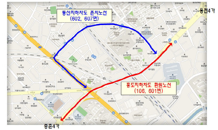 홍도지하차도 임시개통으로 시내버스 노선조정