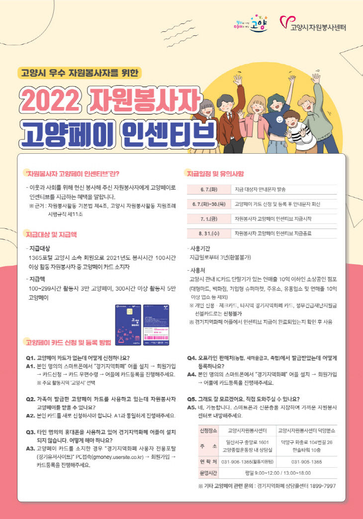 [산하기관]2022년 자원봉사자 고양페이 인센티브 신청하세요!