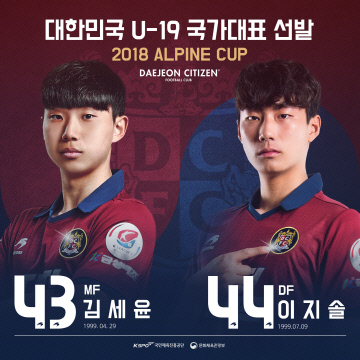 대전시티즌 이지솔, 김세윤 U-19 국가대표팀 선발