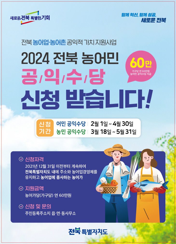 정읍시, 농민 공익수당 5월 31일까지 신청 접수