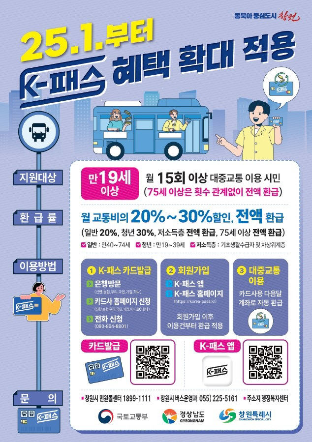 창원시, 25년 1월부터 K-패스 혜택 확대 지원 포스터