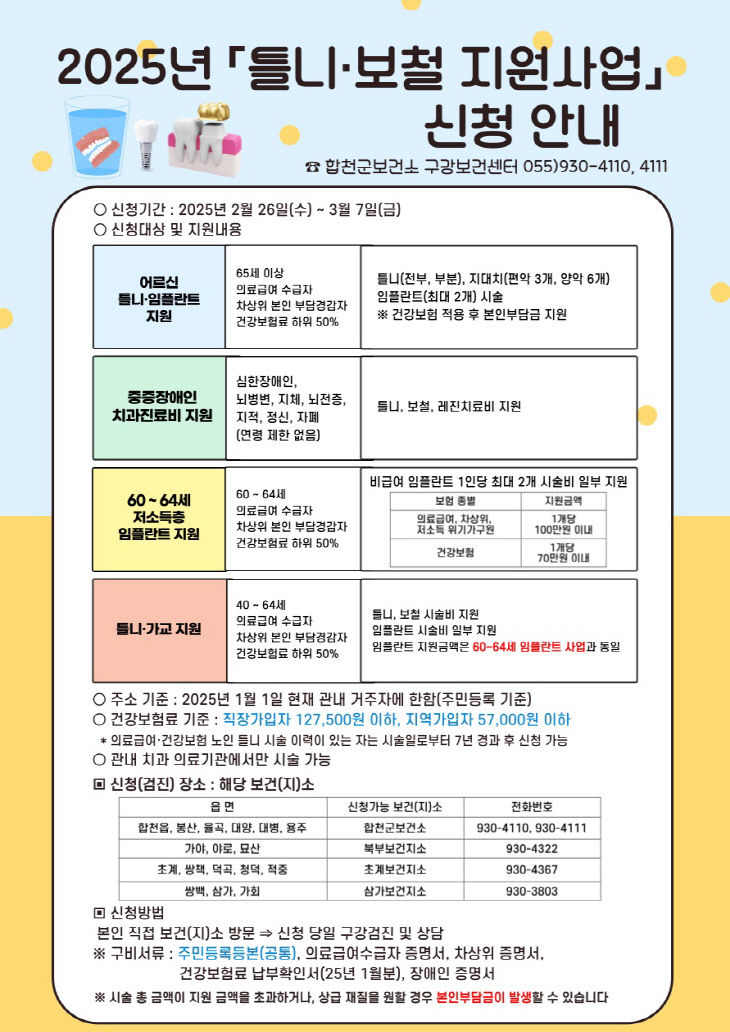 합천군, 저소득층 틀니·보철 지원사업 신청 접수