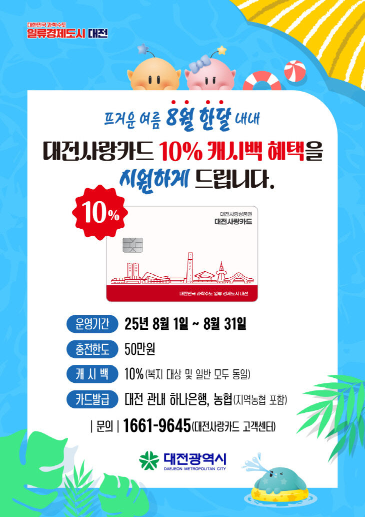 1. 대전시, 8월 한달간 대전사랑카드 캐시백 10%로 확대