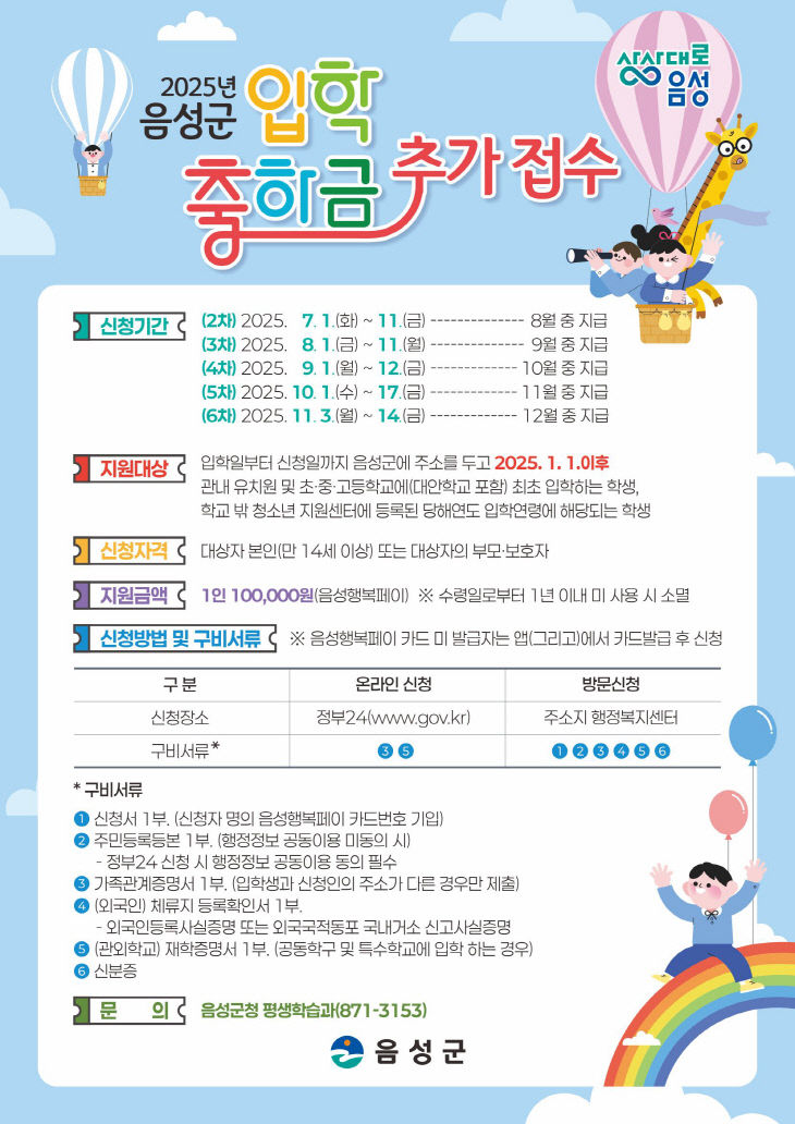 4. 음성군, 입학축하금 추가 신청·접수.