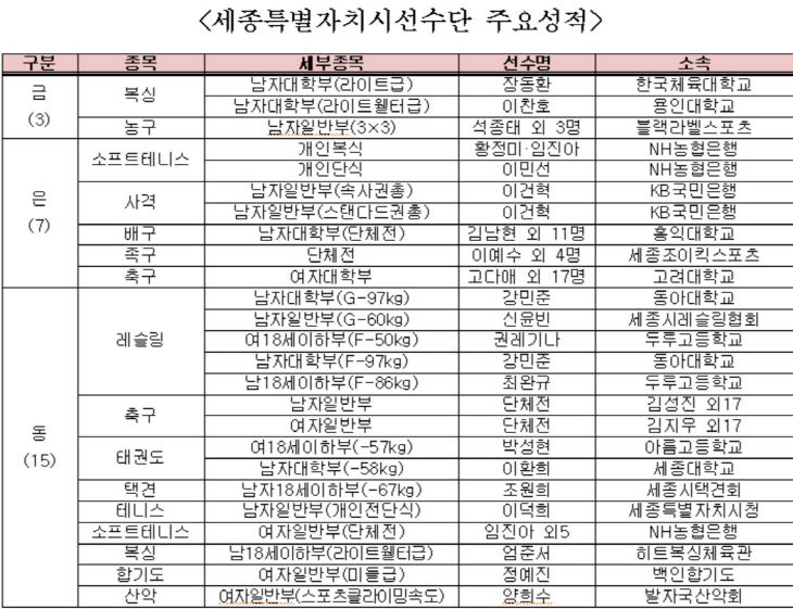 세종시 선수단 주요 성적