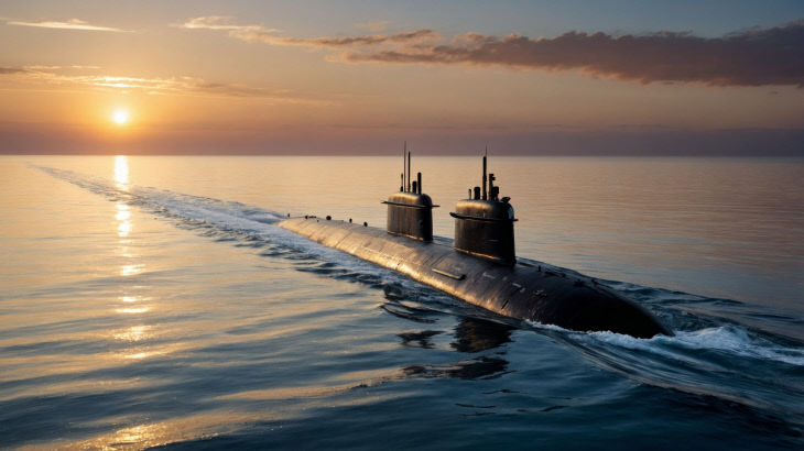 Nuclear submarine sailing on water surface at sunset