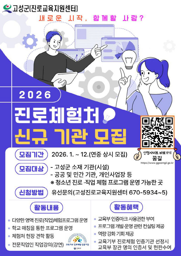 고성군 청소년의 꿈터! 신규 진로체험처 상시 모집