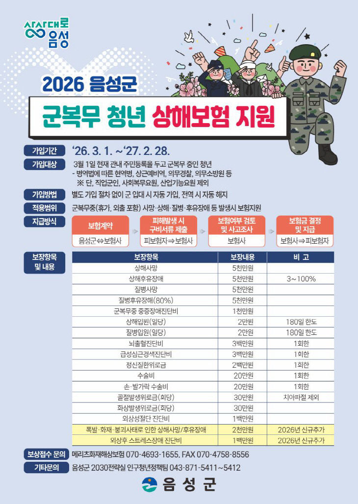 2026년 음성군 군복무 청년 상해보험 지원 안내문.(음성군 제공