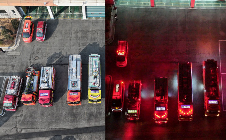 태안소방서 ‘스카이 태그’ 적용 소방차량의 주간·야간 모습