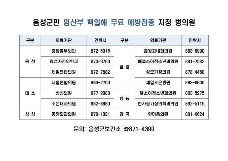 1_음성군, 임산부·가족 백일해 무료 예방접종...군민 의료복지