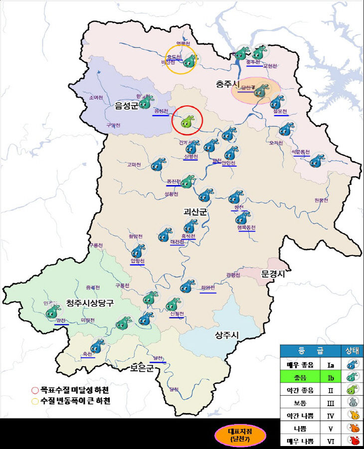 달천 모니터링 현황도(2025년도 BOD 연평균 농도 기준)