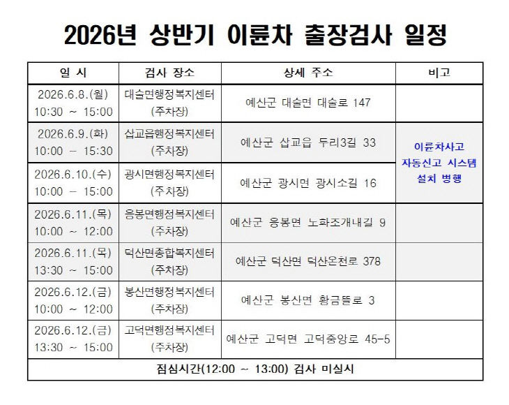 3.2026년 상반기 이륜자동차 출장검사 일정 안내문
