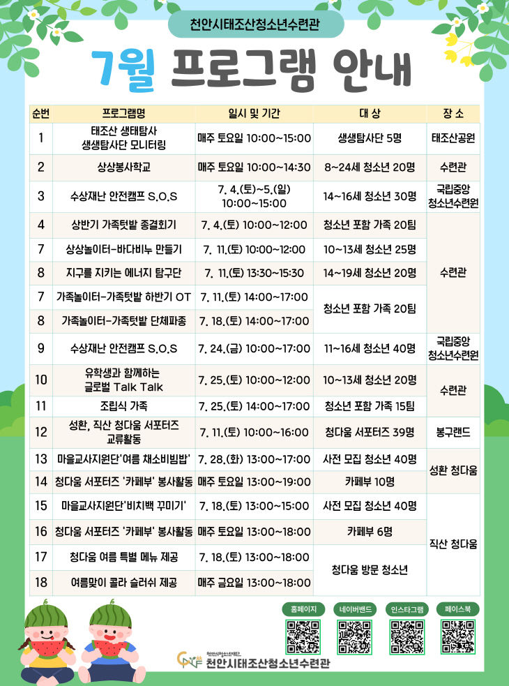 교육청소년과(천안시태조산청소년수련관 7월 프로그램 안내문)