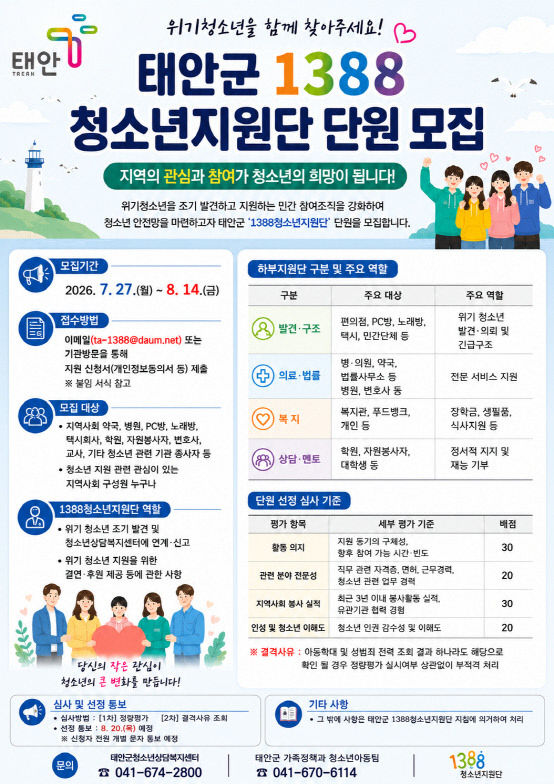 4. 태안군1388청소년지원단 단원모집 포스터
