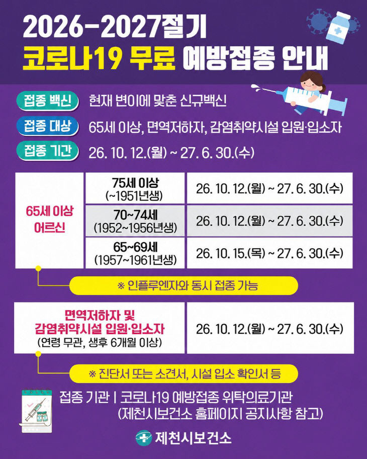 제천시, 2026-2027절기 코로나19 예방접종