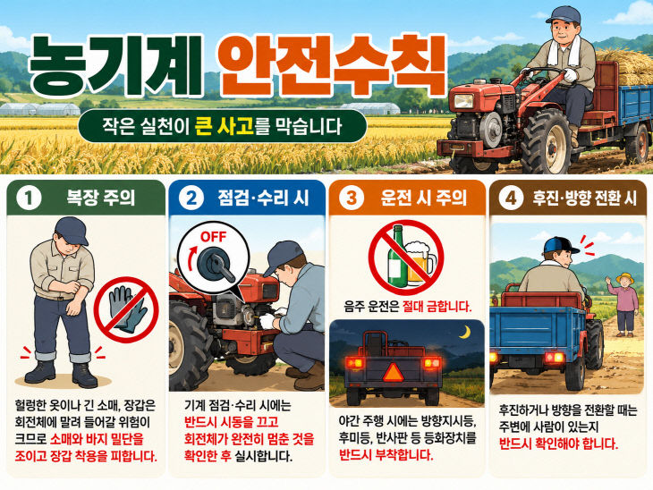 수확철 농기계 안전수칙을 안내하는 홍보물