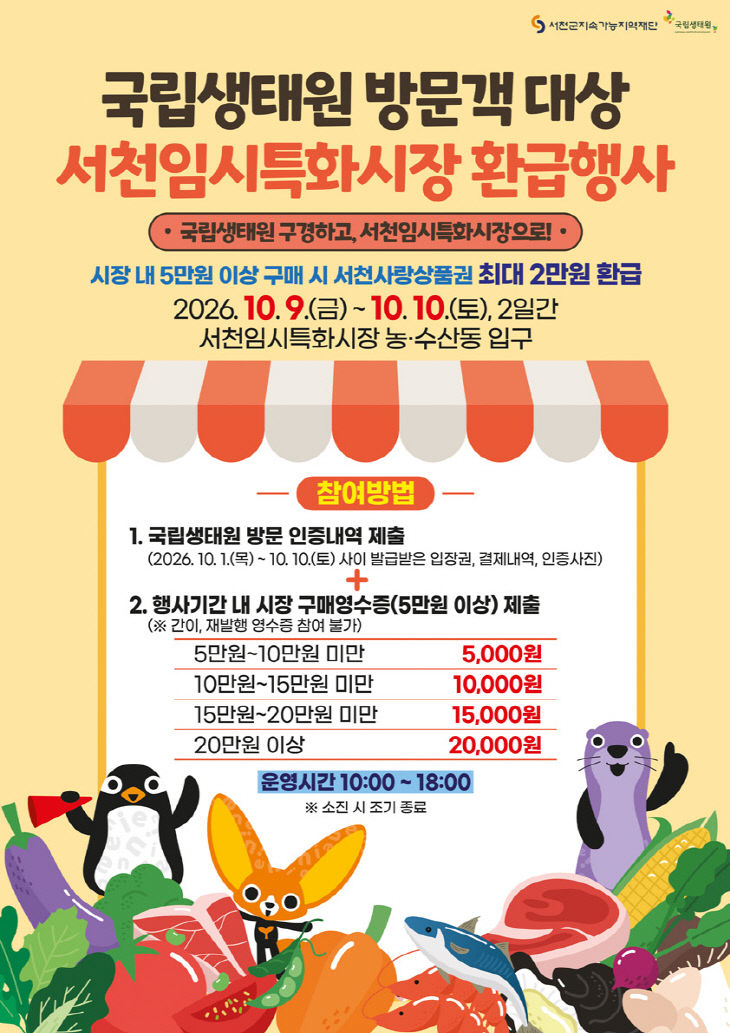 서천지역재단이 운영하는 서천특화시장 환급행사 포스터