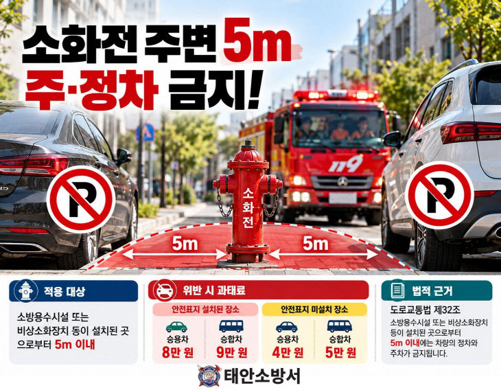 소화전 주변 5m 이내 주·정차 금지 이미지
