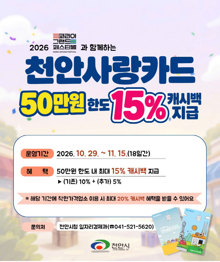 일자리경제과(천안사랑카드 캐시백 15% 상향 홍보 포스터)