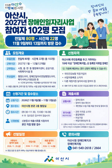 장애인일자리사업 참여자 102명 모집